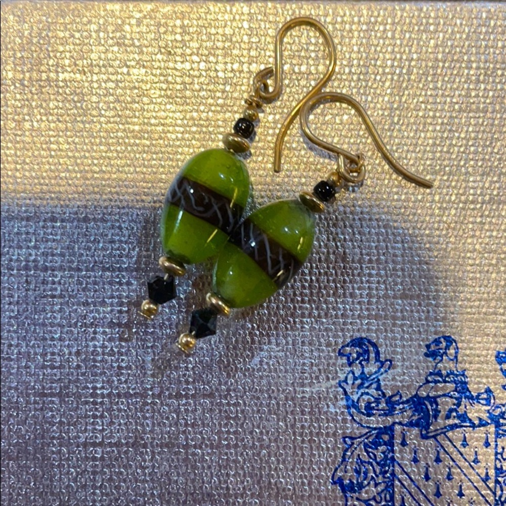 Green black and gold bead earrings